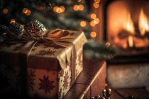 regalos de navidad junto al fuego abierto en la víspera de navidad con hermosas decoraciones navideñas foto
