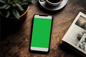 teléfono de pantalla verde para el desarrollo de aplicaciones y demostraciones del mundo real o ejemplos, también conocido como dispositivo móvil con clave de croma al estilo de un iphone foto