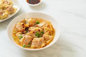 pork wonton soup or pork dumplings soup with roasted chili photo