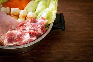 sukiyaki or shabu hot pot black soup with meat raw and vegetable photo