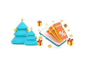 smartphone on discount coupon with percentage sign with coins and gift box, christmas tree. photo