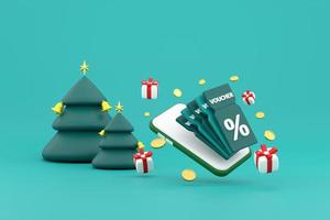 smartphone on discount coupon with percentage sign with coins and gift box, christmas tree. photo