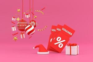 New Year's vouche with a percentage. With Christmas ball, gift box and ribbon photo