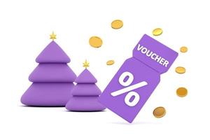 discount coupon with percentage sign with coins. Voucher card cash back christmas tree. photo
