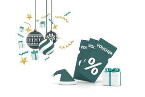 New Year's vouche with a percentage. With Christmas ball, gift box and ribbon photo