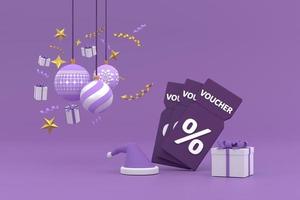 New Year's vouche with a percentage. With Christmas ball, gift box and ribbon photo