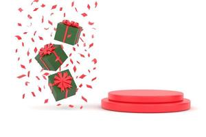 Christmas style Product podium scene with flying falling gift box with ribbon. photo