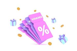 discount coupon with percentage sign with coins and gift box. Voucher card cash back. photo