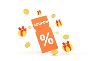 discount coupon with percentage sign with coins. Voucher card cash back with coupon code promotion. photo