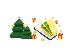 smartphone on discount coupon with percentage sign with coins and gift box, christmas tree. photo