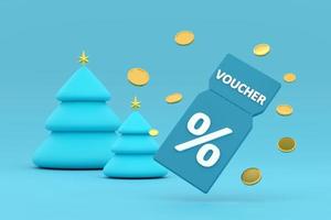 discount coupon with percentage sign with coins. Voucher card cash back christmas tree. photo