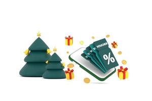 smartphone on discount coupon with percentage sign with coins and gift box, christmas tree. photo