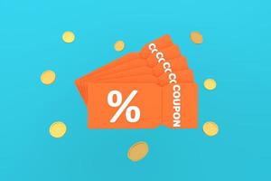 discount coupon with percentage sign with coins. Voucher card cash back with coupon code promotion. photo