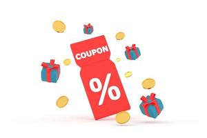 discount coupon with percentage sign with coins. Voucher card cash back with coupon code promotion. photo