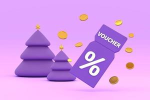 discount coupon with percentage sign with coins. Voucher card cash back christmas tree. photo