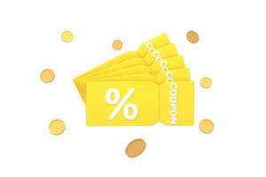 discount coupon with percentage sign with coins. Voucher card cash back with coupon code promotion. photo