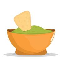 guacamole con nachos - salsa tradicional mexicana latinoamericana hecha de aguacate. tazón de cerámica con salsa de guacamole y totopos. ilustración plana vectorial aislada en blanco. vector