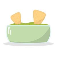 guacamole con nachos - salsa tradicional mexicana latinoamericana hecha de aguacate. tazón de cerámica con salsa de guacamole y totopos. ilustración plana vectorial aislada en blanco. vector