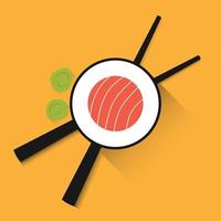 Chopsticks with sushi roll and rise. Sushi piece with chopstick vector web icon isolated on yellow background, top view