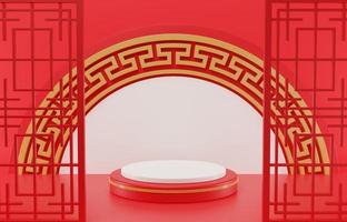 3D rendering illustration Chinese new year mock up Cylinder podiums, Chinese Festivals, empty pedestal template for product display decorated, cosmetics stand concept photo