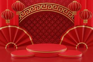 3D rendering illustration Chinese new year mock up Cylinder podiums, Chinese Festivals, empty pedestal template for product display decorated, geometric background, cosmetics stand concept, abstract photo