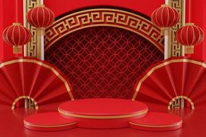 Ilustración de representación 3d podios de cilindros de simulación de año nuevo chino, festivales chinos, plantilla de pedestal vacía para exhibición de productos decorada, fondo geométrico, concepto de stand de cosméticos, resumen foto