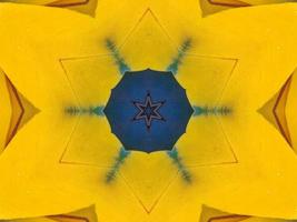 Yellow feather kaleidoscope floral pattern with some blue and red color. Abstract unique and aesthetic background. photo