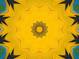 Yellow feather kaleidoscope floral pattern with some blue and red color. Abstract unique and aesthetic background. photo