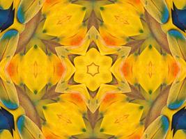 Yellow feather kaleidoscope floral pattern with some blue and red color. Abstract unique and aesthetic background. photo