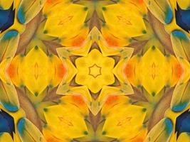 Yellow feather kaleidoscope floral pattern with some blue and red color. Abstract unique and aesthetic background. photo