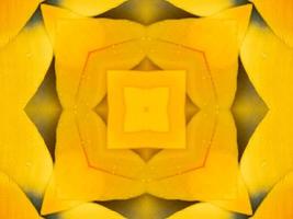 Yellow feather kaleidoscope floral pattern with some blue and red color. Abstract unique and aesthetic background. photo
