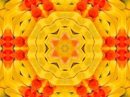 Yellow feather kaleidoscope floral pattern with some blue and red color. Abstract unique and aesthetic background. photo