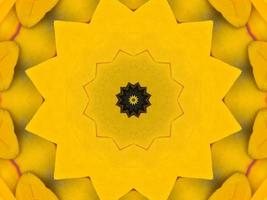 Yellow feather kaleidoscope floral pattern with some blue and red color. Abstract unique and aesthetic background. photo