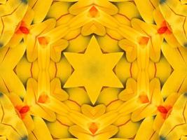 Yellow feather kaleidoscope floral pattern with some blue and red color. Abstract unique and aesthetic background. photo