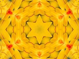 Yellow feather kaleidoscope floral pattern with some blue and red color. Abstract unique and aesthetic background. photo