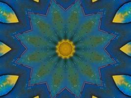 Yellow feather kaleidoscope floral pattern with some blue and red color. Abstract unique and aesthetic background. photo