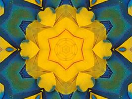 Yellow feather kaleidoscope floral pattern with some blue and red color. Abstract unique and aesthetic background. photo