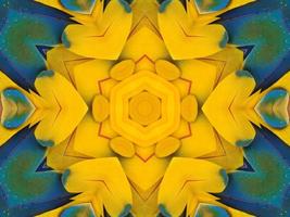 Yellow feather kaleidoscope floral pattern with some blue and red color. Abstract unique and aesthetic background. photo