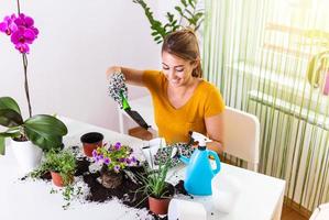 The housewife changes ground for a plant. Care for a potted plant. Work at home. Planting a flower and spring cleaning. Lovely housewife with flower in pot and gardening set photo