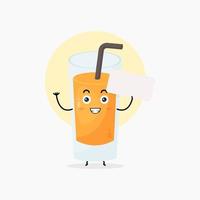 lindo personaje de jugo de naranja sonriendo con papel en blanco vector