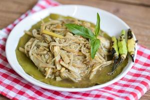 Bamboo shoots for food, Sliced and cooking bamboo shoots on banana leaf on the table food in Thailand photo