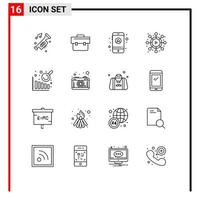 Group of 16 Outlines Signs and Symbols for camera business intelligence portfolio viral network Editable Vector Design Elements