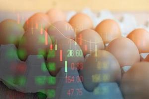 Egg on box with stock market graph chart - food consumer goods expensive products inflation concept theme of rising food prices photo