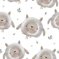 Watercolor vector Baby shower seamless pattern plush toy sheep. Toys and green leaves.