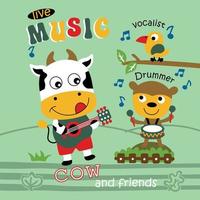 la vaca está tocando música con un amigo, divertidos dibujos animados de animales vector