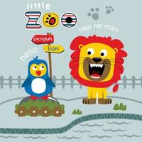 lion and penguin in the zoo funny animal cartoon vector