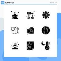 Mobile Interface Solid Glyph Set of 9 Pictograms of shapes cube employee care stethoscope Editable Vector Design Elements