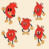 Set of Red hearts cute mascots with happy face in retro comic style. Happy Valentines day set vector illustration.