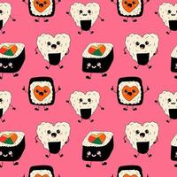 Seamless pattern with Sushi Love concept Cute happy funny smiling sushi,roll with kawaii eyes. Vector in cartoon style.