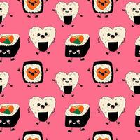 Seamless pattern with Sushi Love concept Cute happy funny smiling sushi,roll with kawaii eyes. Vector in cartoon style.